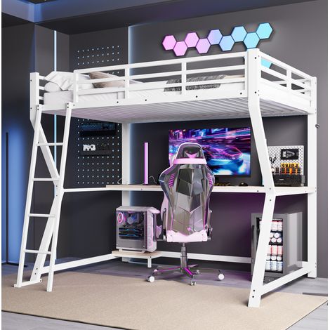 MEUBLIV Cama alta 90x200 cm blanca – escritorio, LED y USB, sin colchón (1/5)