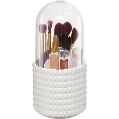 Set di due scatole porta cosmetici girevoli, con coperchio e porta pennelli, rotazione a 360°, colore bianco (pennelli per il trucco non inclusi). (1/4)