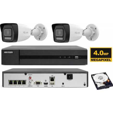 KIT videosorveglianza ip POE Hikvision Nvr 4 canali 4K 2 telecamere 4 MP microfono hdd 1TB