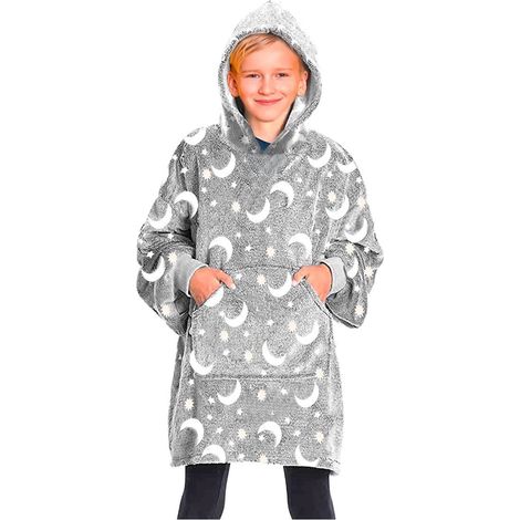 Cape polaire enfant avec capuche et manches Grise avec Etoile Lune Fluorescentes