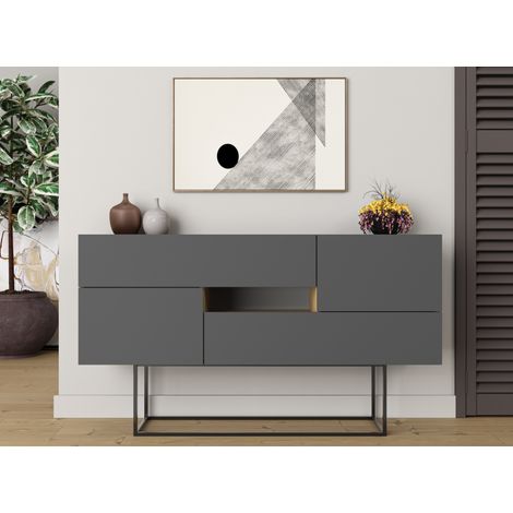 Abitare – Buffet 145x40 h cm gris anthracite et chêne clair – 2 portes et 2 tiroirs – Meuble de rangement moderne (1/5)