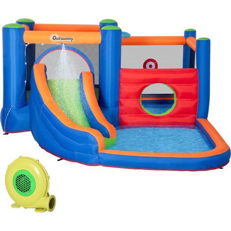 Château gonflable 3 enfants 3-8 ans toboggan trampoline piscines souffleur 450W sac transport 380x340x170cm multicolore