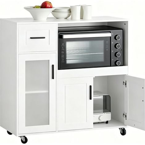 SoBuy FSB78 Buffet sur roulettes – Chariot de cuisine blanc avec rangement, armoire micro-ondes et commode