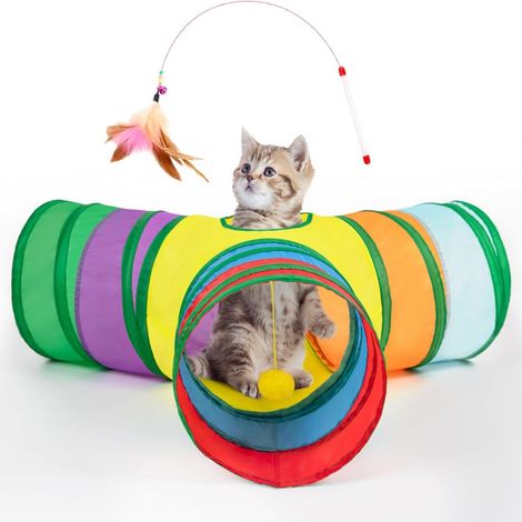 1 tunnel pour chat, arc-en-ciel, pliable, avec judas et jouet suspendu, idéal pour jeux intérieurs (1/5)
