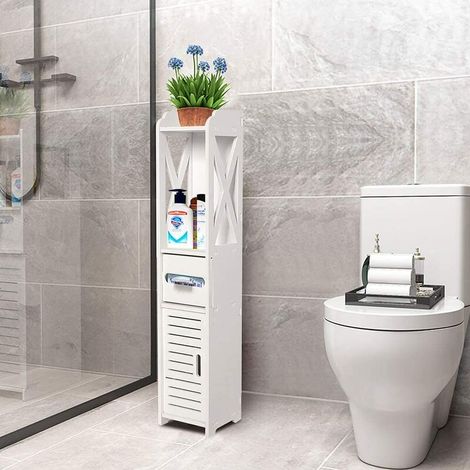 – Colonne de salle de bain 20x20x80cm – Armoire de rangement 4 niveaux – Bois-plastique blanc – Pour espaces confinés (1/5)
