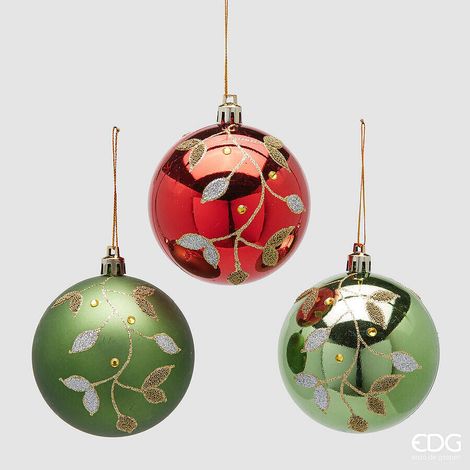 EDG Enzo De Gasperi Set 3 Palline di Natale Vischio Ø8 cm Verde Rosso Assortite – Addobbi per Albero di Natale 1 Pz (1/2)