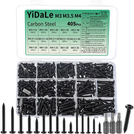 405 Pcs Vis Torx, M3 M3,5 M4 Vis Autotaraudeuses en Noires, Vis Tête Ronde pour Travail du Métal et Bois + Bits (405Pcs - acier au carbone) (1/5)