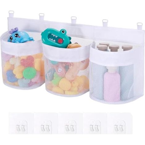 Filet Rangement Jouet Bain, Large Capacité Filet Jouet Bain Bébé et 5 Crochets Auto Adhésifs, Organisateur Jouets Bain pour Salle de Bain et Baignoire (A-KB)