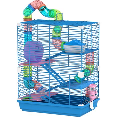 Cage à hamster à quatre étages avec tunnels, gamelle, roue d'exercice, maisonnette et échelles, bleue. 46 x 30 x 58 cm