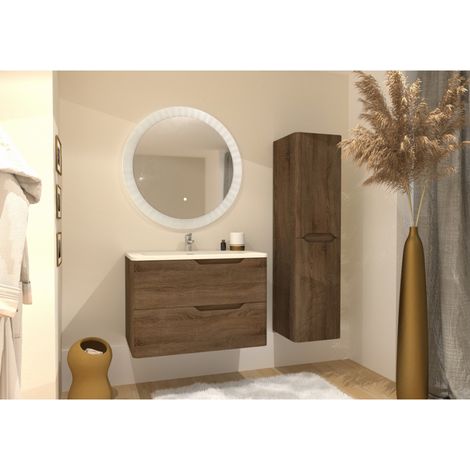 Sanitaire – Meuble vasque 80cm en bois foncé avec miroir rond 80cm – 2 tiroirs avec fermeture amortie – Plan vasque en résine synthétique (1/5)