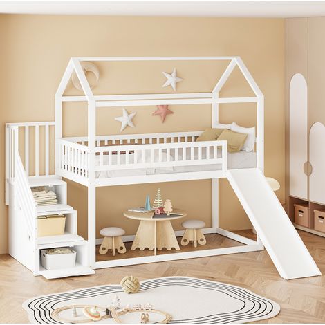 Lit mezzanine 90x200 avec toboggan, bois blanc HAVRYA (1/5)