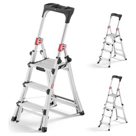 Hailo TL100 Topline - Escalera telescópica de aluminio 3 en 1 - Altura de trabajo flexible 3-5 peldaños Carga máxima 150 kg - Altura de trabajo ajustable de 2,65 a 3,09 m - Plataforma extra grande
