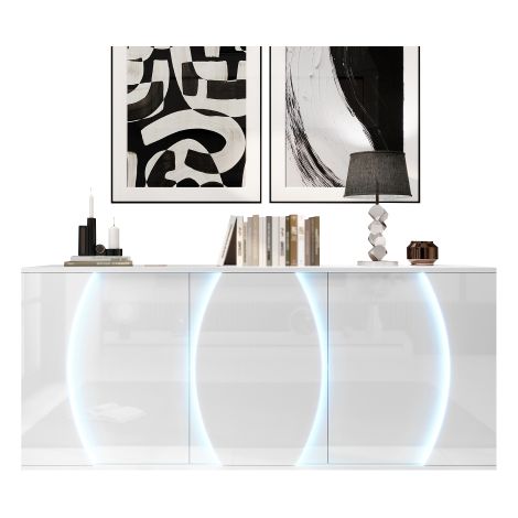Buffet 150x40x70 cm blanc, 3 portes, LED, laqué brillant, particules