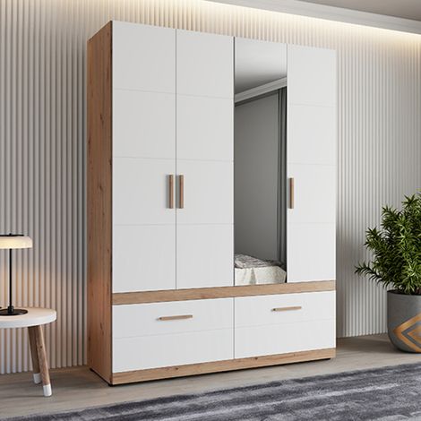 Großer Kleiderschrank Sayul, Schlafzimmer-Schrank, 2 Schubladen, 2 Regalböden, Kleiderstange, 155x208 cm, Mattweiß (1/5)
