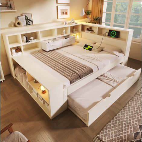 Stauraumbett 140x200 cm Weiß aus Holz mit Ausziehbett, USB- und Typ-C-Ladeanschlüssen, Stauraum (1/5)
