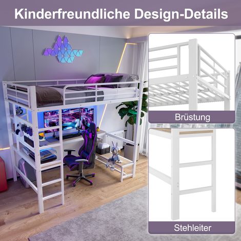 Lit mezzanine, 90 x 200 cm, structure en fer, bureau, rambarde, échelle, étagères multiples, prises USB et Type-C, bande LED, panneau perforé, matelas non inclus, blanc (1/5)