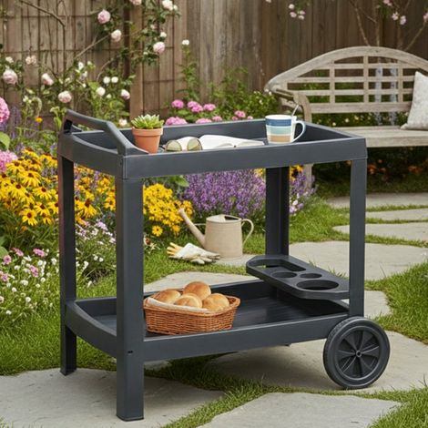 Carrito Chidester, 2 estantes, ruedas Made in Italy, con portavasos, 53x74x73h cm negro antracita (1/3)