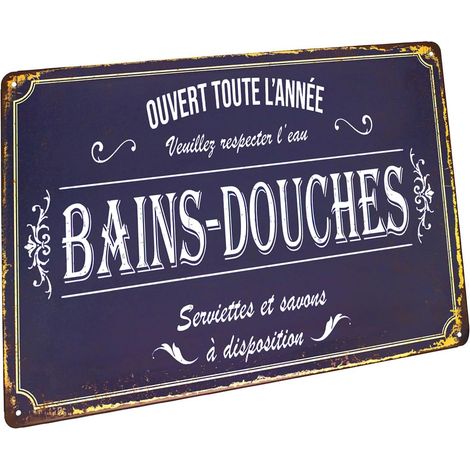 Plaque Métallique Vintage Bains-Douches, Style Français Rétro, Bleu Marine et Blanc, 30 x 20 cm, Décoration Murale pour Salle de Bain (1/5)