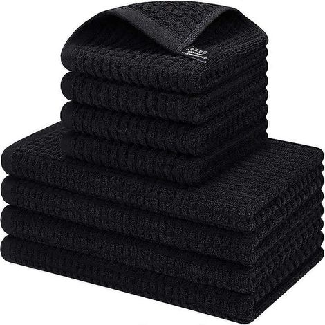 Lot de 8 torchons de cuisine, 100 % coton, ultra doux, ultra absorbants et à séchage rapide, anti-odeurs, pour sécher la vaisselle (noir) (1/5)