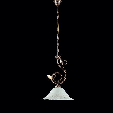 Sospensione 1 Luce Ferro Battuto Marrone E Oro Vetro Bianco E Oro Serie Magnolia