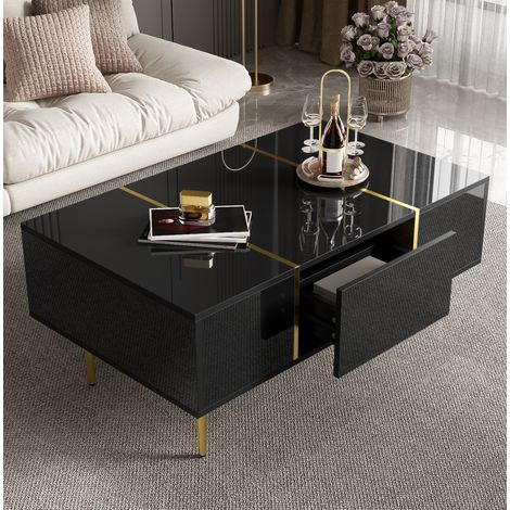 Mesa de centro 100x60x41.5 cm negra de MDF con acabado brillante, 2 cajones y detalles dorados (1/5)
