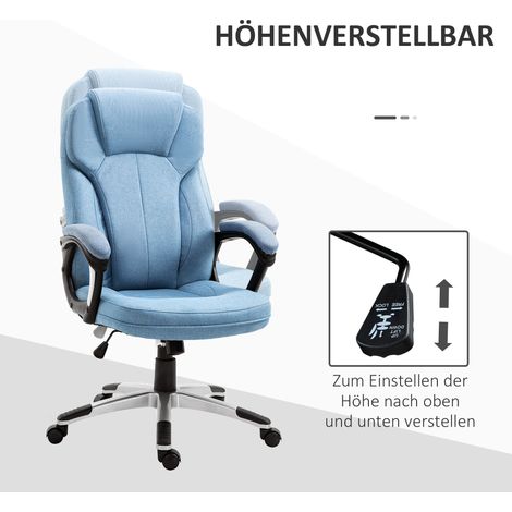 Fauteuil de bureau ergonomique bleu clair en lin, réglable en hauteur, fonction bascule, appuie-tête et accoudoirs rembourrés, 66x75x110-120 cm (1/5)