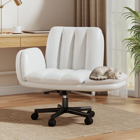 Chaise bureau ergonomique PU pivotante‑Patbrela‑hauteur réglable, accoudoirs rabattables, siège confortable bureau‑coiffeuse blanc (1/5)