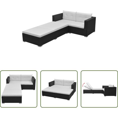 Canapé en rotin - Salon de jardin 3 pcs avec coussins Résine tressée Noir (1/5)