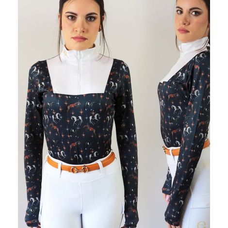 S, BLU E BIANCO: Maglia donna da concorso modello Domitilla a manica lunga con collo alto e stampa equestre