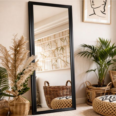 Miroir en pied pleine longueur 160 x 50 cm, grand miroir rectangulaire avec cadre en bois noir et support métal réglable (1/5)