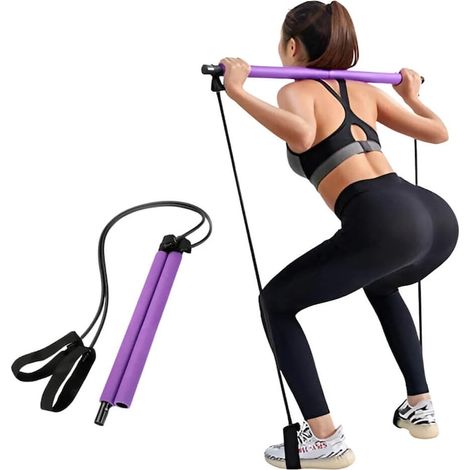 Barre de pilates avec 2 cordons élastiques, coloris noir et violet, renforcement musculaire, fitness et étirements maison (1/5)