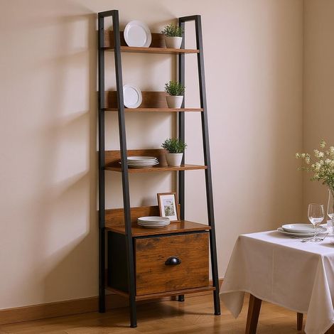Étagère de Buffet Style échelle 42 x 29 x 141 cm, 5 Niveaux avec tiroir en Tissu, Panneaux de Bois de 12 mm et Cadre en métal de 20 mm, paroi arrière de 7,5 cm, Style Maison de Campagne (1/4)