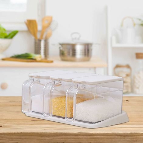 Jeu Boîte D'assaisonnement En Plastique,Boîte D'assaisonnement Transparente, Coffret de Stockage Condiment Jars avec Couvercle Et Cuillère pour Sel, Poivre, Épices - 3pcs (1/5)