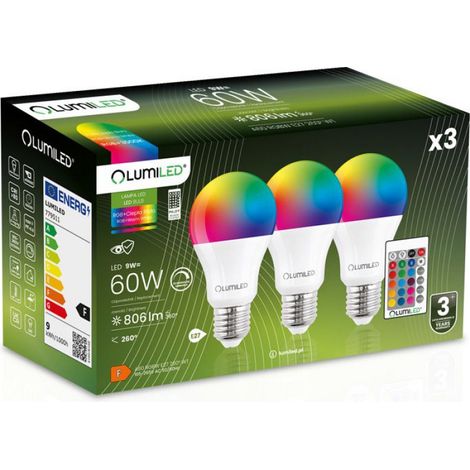 Ampoule Led E27 - 9 W - 806 Lm - 3000 K - Rgb Multicolore - Angle 260 Deg - Avec Telecommande - Lot De 3 (1/5)