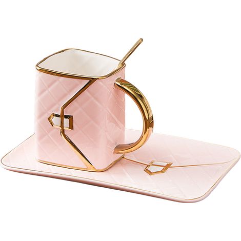 Ensemble tasse et assiette à café rose 310 ml avec bordure dorée (1/5)
