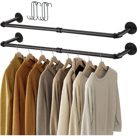 Kleiderstange Wandmontage 2er Set, Garderobenstangen im Industrie-Design, platzsparend, mit 4 Haken, 92 x 25 x 8,5 cm, bis 50 kg belastbar, einfache Montage