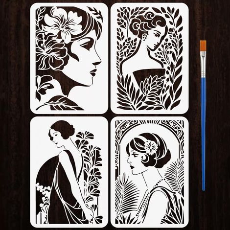 4 Pièces Pochoirs de Silhouette Féminine avec un Pinceau 29,7x21cm Pochoirs de Peinture de Portrait Dame Florale Vintage PET Thèmes Humains pour Bois Sol Carrelage Mur Tissu Meuble DIY (1/5)