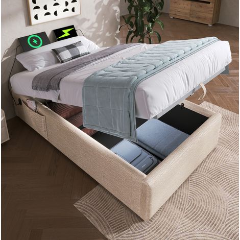 Cama tapizada 90x190 cm en lino beige/natural, con arcón elevable, USB/Type-C y base maciza (1/5)