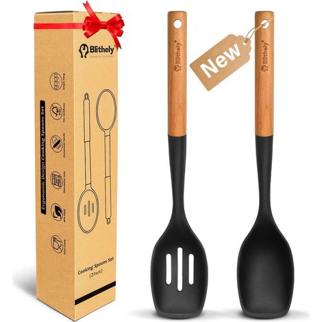 2-teiliges Kochlöffel-Set Silikon mit Holzgriff, hitzebeständig, antihaftend