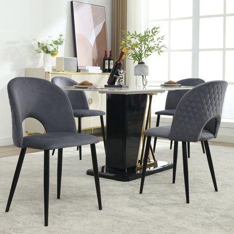 Lot de 4 chaises de salle à manger en velours gris, dossier ajouré motif losange, pieds métal réglables, assise rembourrée (1/5)