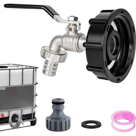 Ibc Robinet d'écoulement pour réservoir d'eau de pluie 1000 l Robinet à boisseau sphérique en alliage avec raccord 1/2" Adaptateur Ibc pour réservoir d'eau S60 x 6, réservoir d'eau de pluie (1/5)