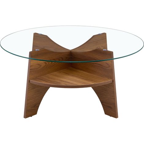 Mesa auxiliar redonda de vidrio templado Ø 80 cm con estructura MDF efecto nogal (1/5)