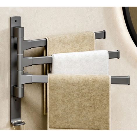 Thick, 3-arm swivel towel rack with hook, space-saving, wall-mounted - Grey