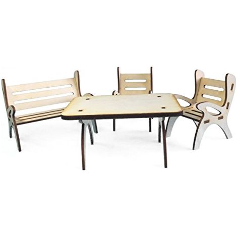 Petra's Bastel News Set 4 Pezzi, Composto da 1 Tavolo, 1 Panca da Giardino e 2 sedie in Legno, Höhe ca. 8cm (1/3)