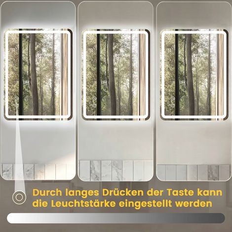 Miroir mural LED 60x80 cm avec éclairage, sans cadre, pour salle de bain, 3 températures de couleur réglables et variateur d'intensité, fixation horizontale ou verticale (1/4)