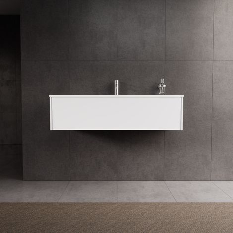 Inda - Badezimmerschrank mit 1 Schublade L.120 mit glänzendem Waschbecken / Mattweiß - diamante