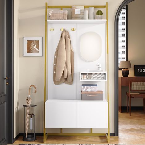 Mueble de entrada con espejo, ganchos metálicos y banco zapatero, blanco HAVRYA (1/5)