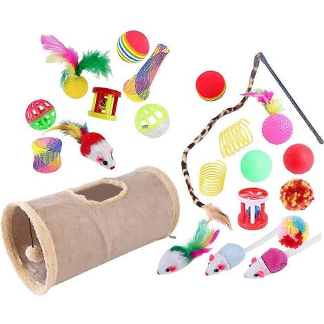22-teiliges Katzenspielzeug-Set mit Tunnel, Mäusen, interaktiven, bunten Bällen und Unterhaltungsspielzeug für Katzen-A-khaki-22pcs (1/5)
