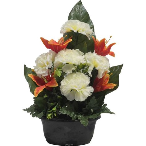 Jardinière fleurs artificielles d'oeillet et de Lys Orange pour la Toussaint - couleur: Orange