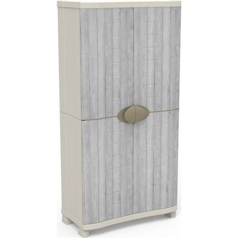 Armoire meuble de rangement 4 étagères intérieur/extérieur coloris beige/gris - Longueur 90 x Profondeur 45 x Hauteur 184 cm (1/2)